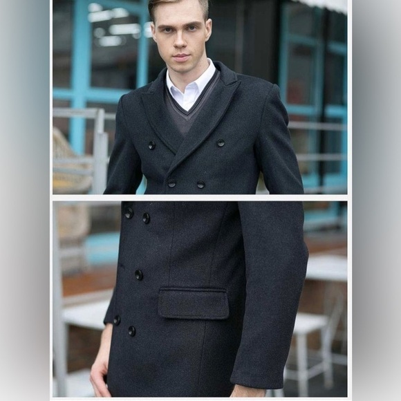 NEW Men's Premium Double Breasted gray Woolen Pea Coat - Picture 5 of 16